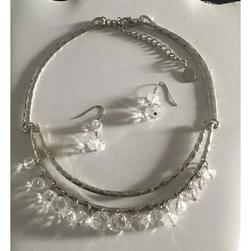 New~Silver Faceted Crystal Double Drop Beads ChaCha Choker Necklace/Earring Set